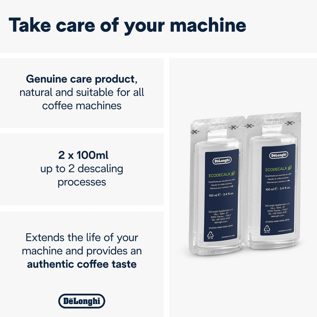 De'Longhi EcoDecalk Descaler, Eco-Friendly Universal Descaling Solution for Coffee & Espresso Machines, 2-Pack (1 use per pack)