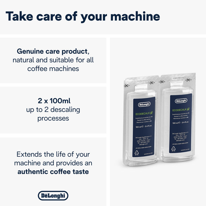 De'Longhi EcoDecalk Descaler, Eco-Friendly Universal Descaling Solution for Coffee & Espresso Machines, 2-Pack (1 use per pack)