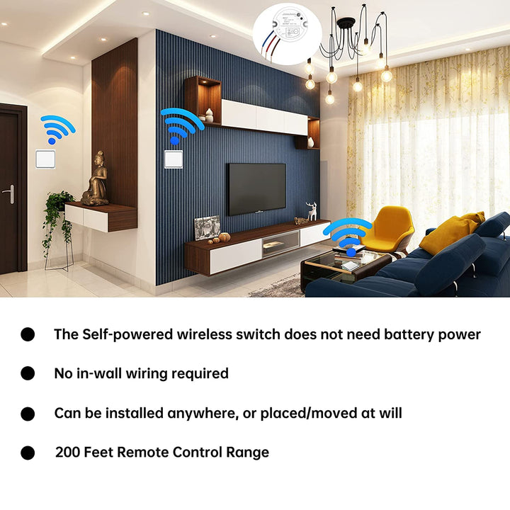 Self-Powered Wireless Light Switch and Receiver Kit, Linptech Remote Control ON/Off for Home LED Plug in Ceiling Lights, Closet Lamp, Pull Chain Light, Pool Lights, Fan - No Battery No Wiring, White