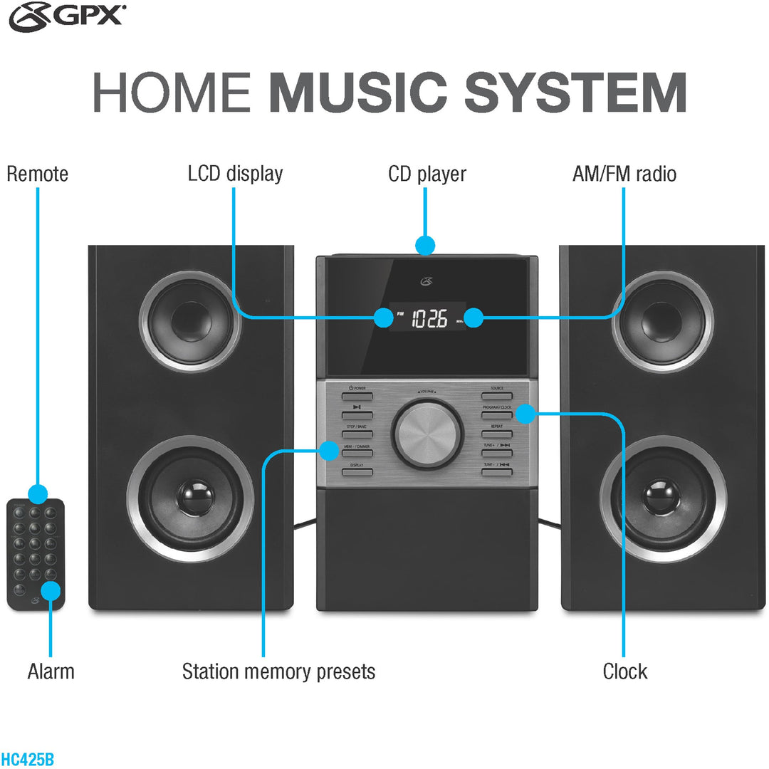 HC425B Stereo Home Music System with CD Player &amp; AM/FM Tuner, Remote Control Black