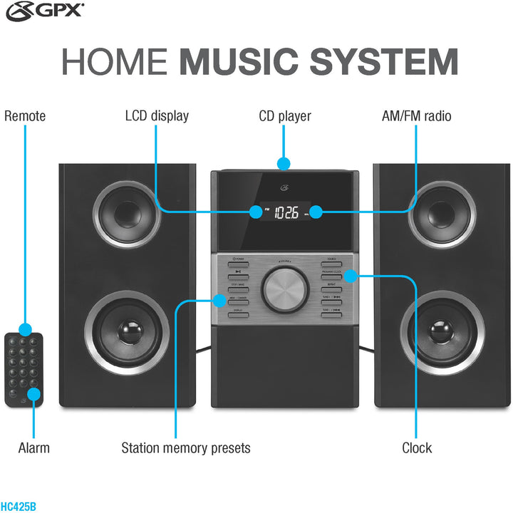 HC425B Stereo Home Music System with CD Player &amp; AM/FM Tuner, Remote Control Black