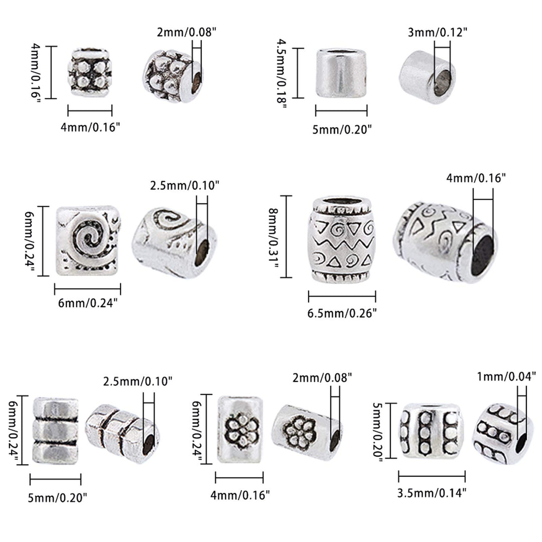 260pcs 7 Style Tibetan Spacer Beads Antique Silver Column Alloy Tube Metal Spacers European Large Hole Loose Beads Spacers for Bracelet Necklace Jewelry Supplies, Hole: 1.5~3.5mm