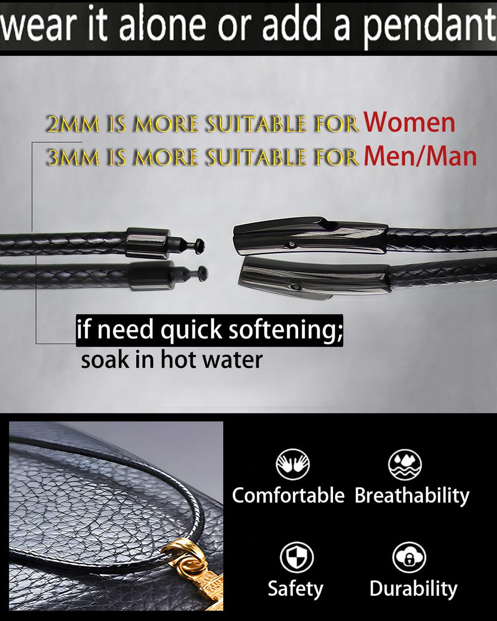 IOYYIO Flexible Durable Leather Necklace cord for Men W