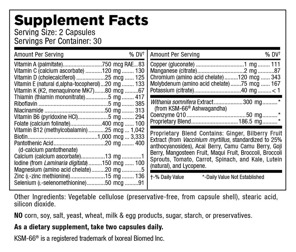 - Daily Womens Multivitamin - Adult Formula with Iron, Calcium, KSM-66 Ashwaganda, and a Potent Proprietary Herbal Blend of The Best Womens Vitamins - 60 Count Capsules