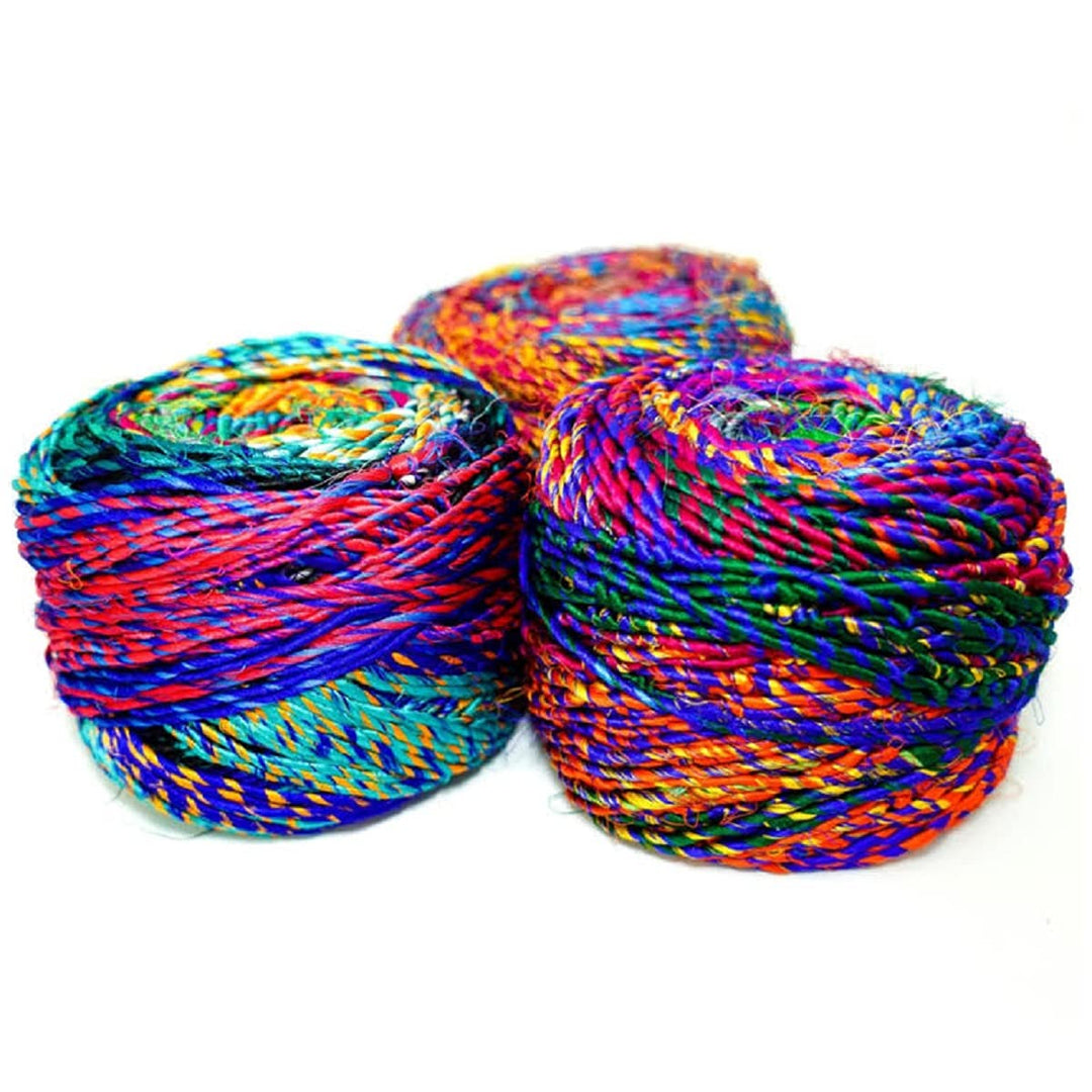 Recycled Sari Silk Yarn, Multi-Color Pure Silk Yarn, Made from Handspun Used Sari Fabric Ribbon Scraps, Rainbow Yarn for Knitting, Weaving &amp; Crocheting 100 Grams per Ball (2-Pack)