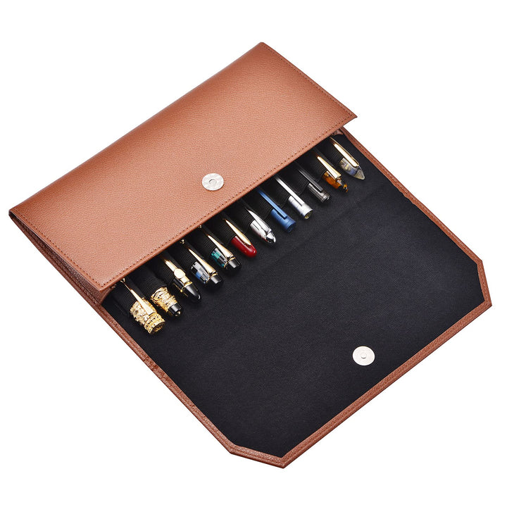 12 Brown Fountain Pen Case PU Leather Organizer Bag Portfolio, Waterproof Canvas Pen Display Holder with Divider Slot