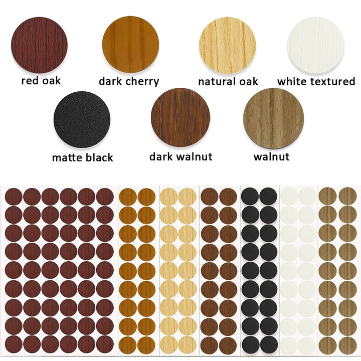 PVC Cover Caps Adhesive Screw Hole Stickers 378 PCS for Wall Vinyl Wood Furniture Repairing, 7 Colors Waterproof Plastic Cover for Cabinets Bookcase Desk Countersunk Screws Cam Lock
