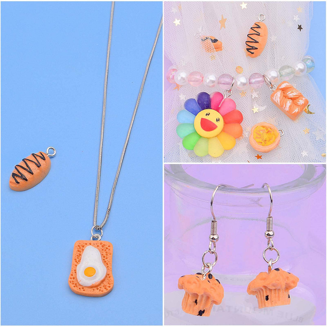 24pcs Mixed Imitation Food Charms Resin Loaf Bread Baking Baguette Cake Croissant Waffle Egg Tart Dangle Pendants Ornament for DIY Necklace Keychain Jewelry Making