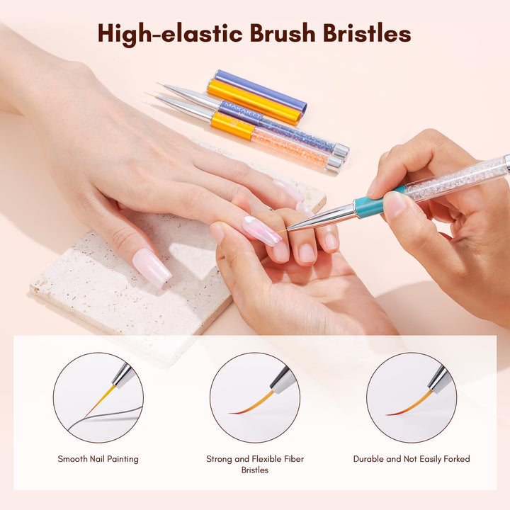 3Pcs Nail Art Liner Brush UV Gel Painting Nail Brush Pen Set Metal Diamond Acrylic Handle