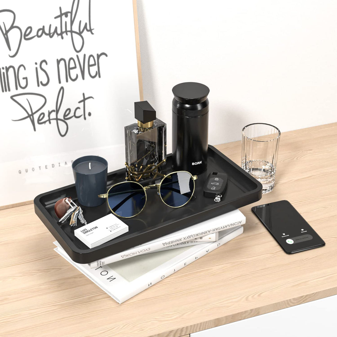 Bathroom Vanity Tray for Countertop - Bamboo Organizer Tray for Dresser Tops, Toilet, Perfume Small Decorative Tray Wood Tray for Home Decoration 11.81” L x 6.1” W x 0.79” H (Black)