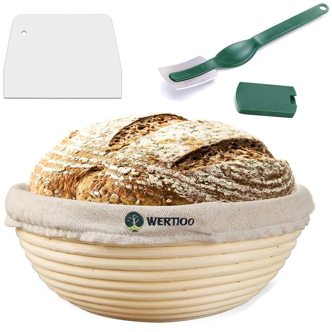 9 Inch Proofing Basket, Banneton Bread Proofing Basket + Bread Lame +Dough Scraper+ Linen Liner Cloth Sourdough Bread Baking Supplies
