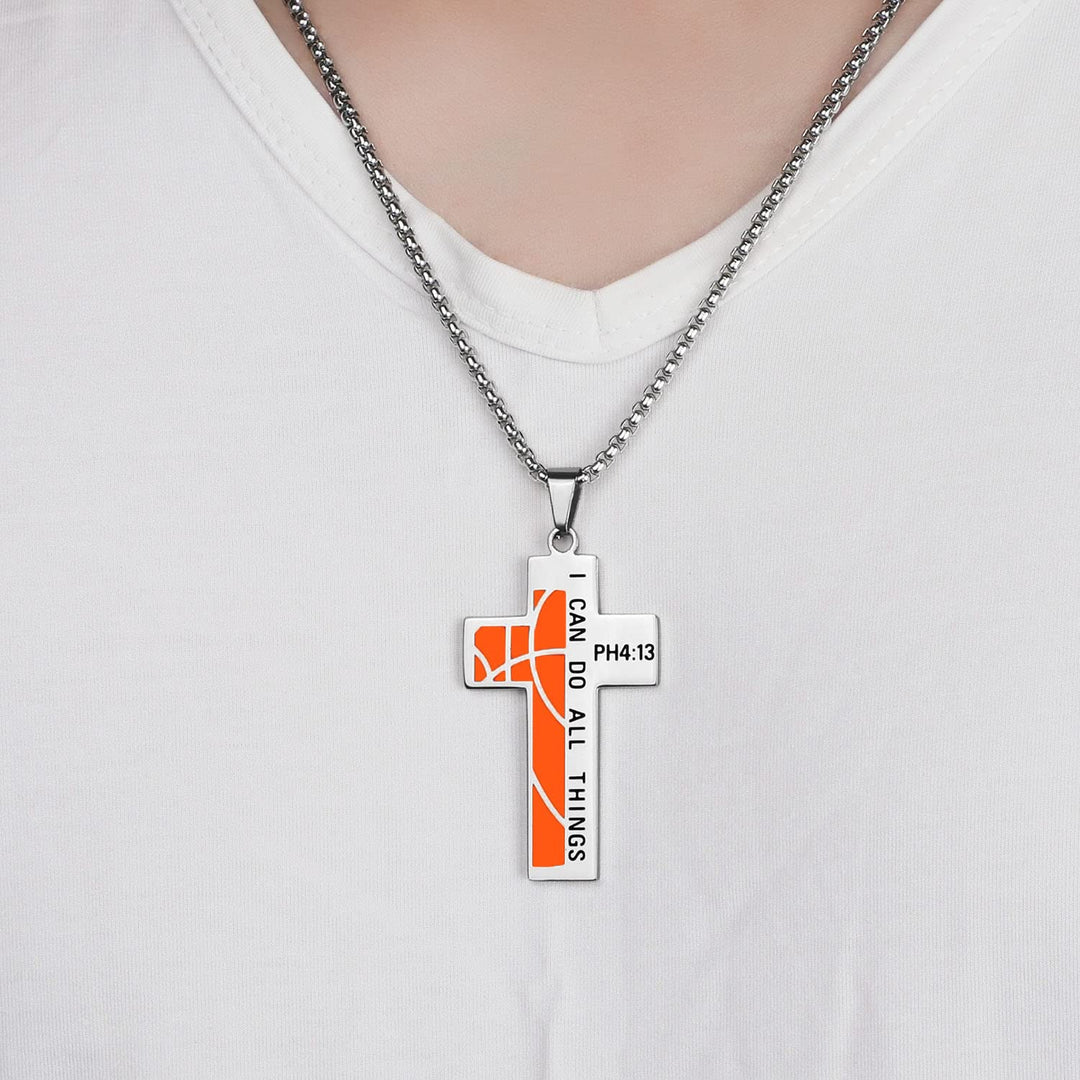 Basketball Cross Necklace for Men Bible Verse I CAN DO All Things Stainless Steel Sport Pendant for Men(Silver)