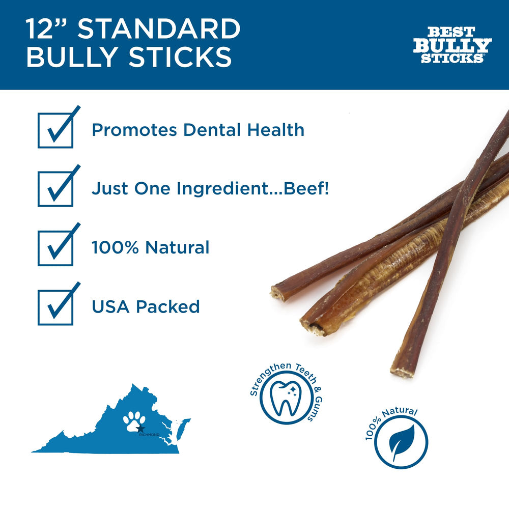 12 Inch All-Natural Bully Sticks for Dogs - 12” Easily Digestible, 100% Grass-Fed Beef, Grain and Rawhide Free | 12 Pack