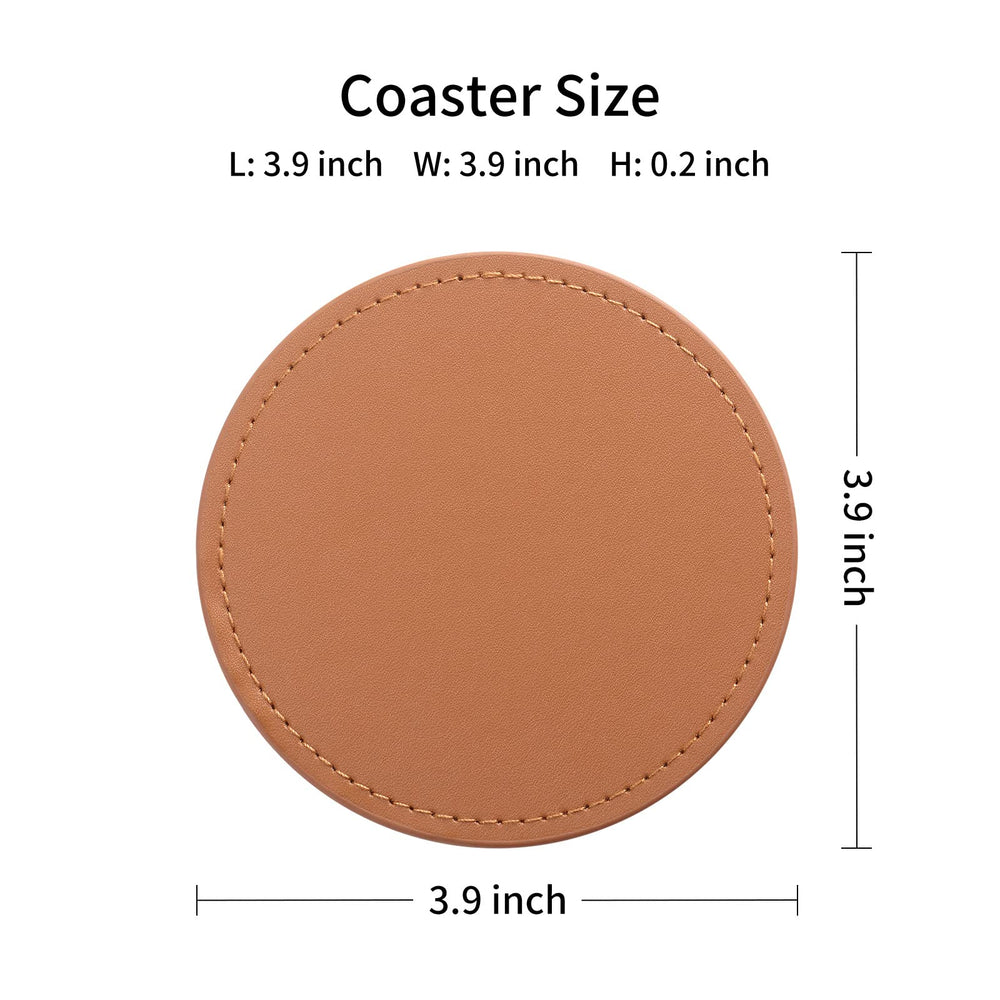 Drink Coasters with Metal Holder Stand Set of 6, PU Leather Absorbent Coasters with Cork Base Table Coaster Set Decorative Coffee Cup Coasters Housewarming Gift for Home Decor