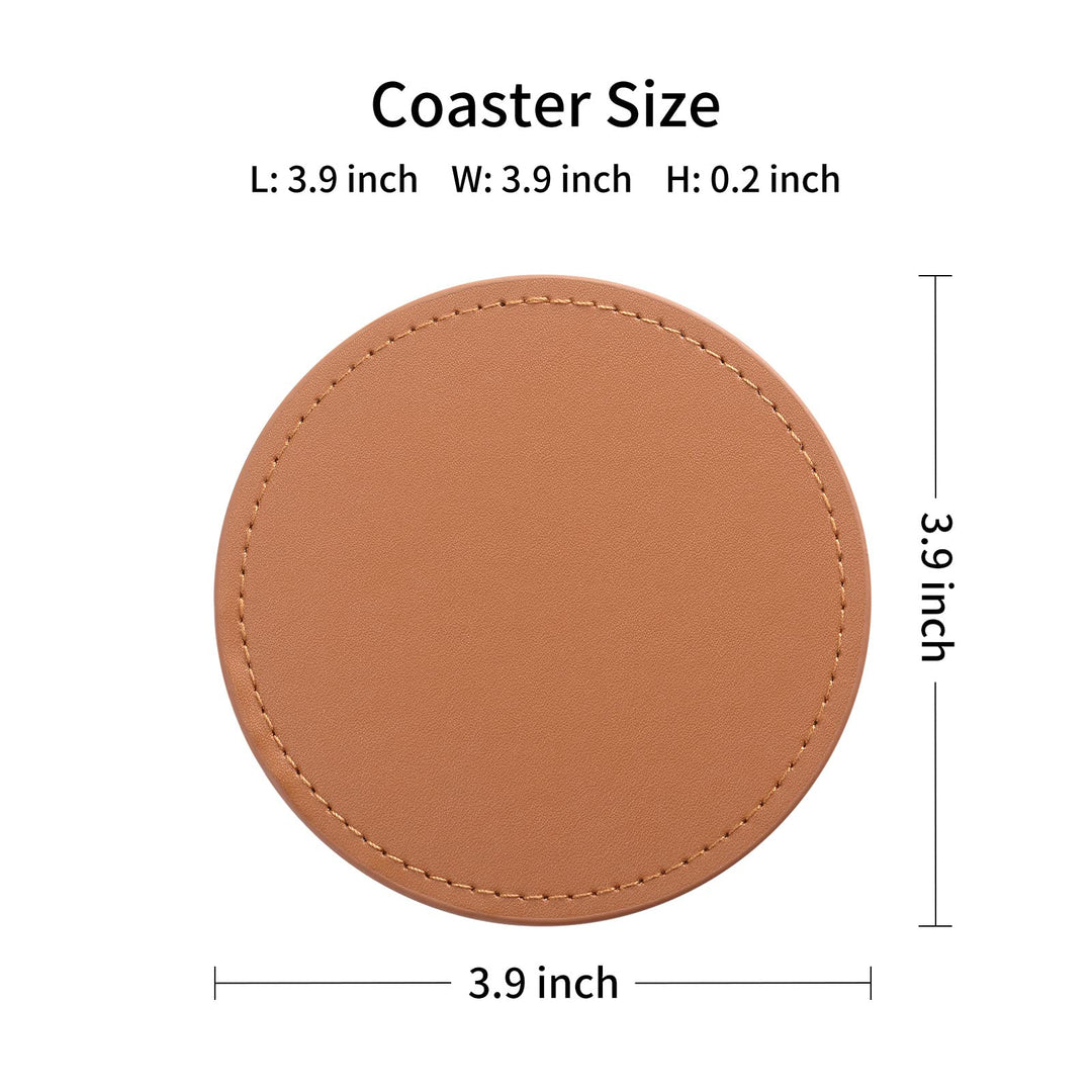 Drink Coasters with Metal Holder Stand Set of 6, PU Leather Absorbent Coasters with Cork Base Table Coaster Set Decorative Coffee Cup Coasters Housewarming Gift for Home Decor
