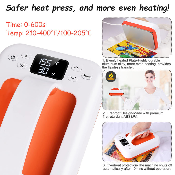 Mini Heat Press Machine - 7 × 5 Portable Heat Press Rapid Even Heat T-Shirts HTV Vinyl Masks Hats Sublimation Heat Transfer Iron with Precise Temperature Control Insulated Base (Orange)
