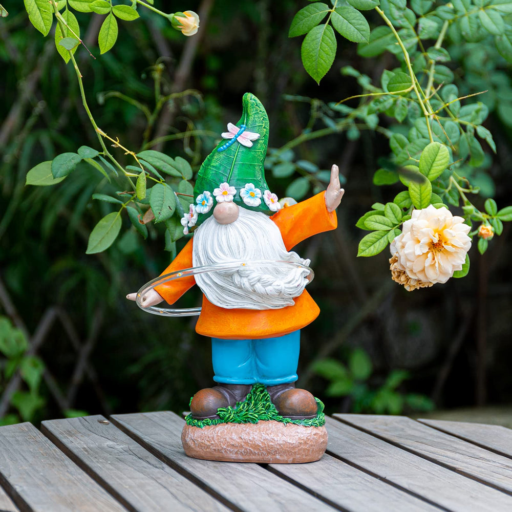 Garden Gnome Outdoor Statue, Funny Gnomes Garden Sculptures & Statues Playing Hula Hoop with Solar LED Light Resin Yard Ornament for Outdoor Garden Lawn Patio Decor, Housewarming Gifts