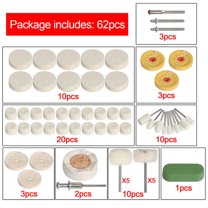 62pc Wool Felt Cotton Abrasive Buffing Wheel Kit,Rotary Tool Accesseries with 3mm Shaft,for Polishing Metal Jewelry Jade