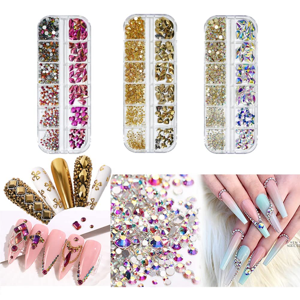 735 Pieces Gold Nail Rhinestones for Acrylic Nails Gold Stones for Nails Crystals 3D Nail Diamonds Art Decoration Crafts DIY (Gold AB)