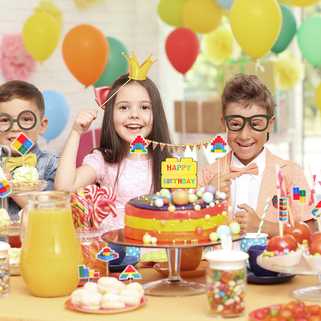 34 Pieces Building Block Themed Happy Birthday Cake Toppers Cupcake Building Block Cake Banners Building Block Birthday Decorations for Birthday Party Supplies