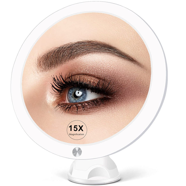 15X Lighted Magnifying Mirror with Lights - 8 Inch Makeup Mirrors with Suction Cups and Magnification for Bathrooom, Dual Power Supply, Adjustable Lighting, Light Up Magnified Mirror