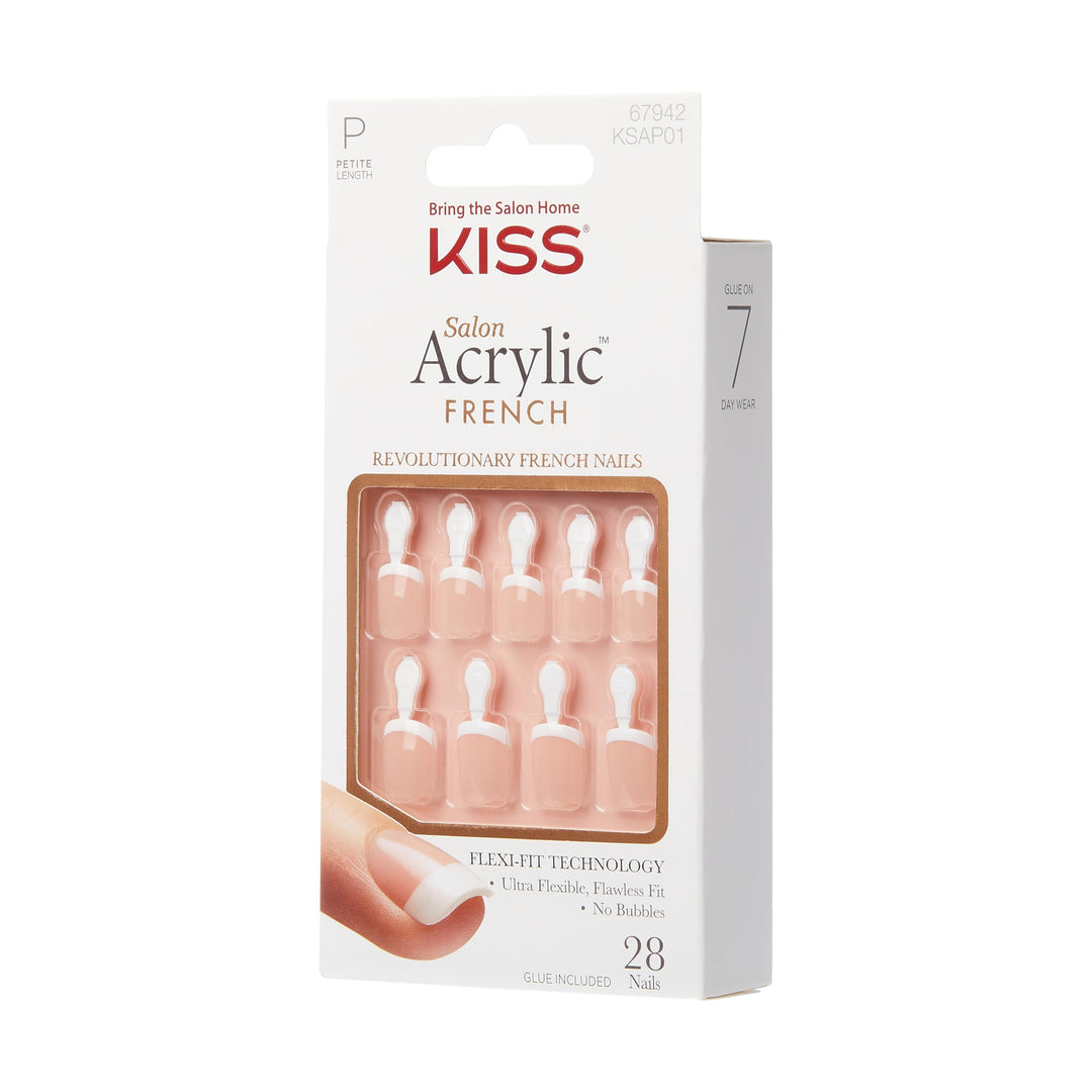 Salon Acrylic, Press-On Nails, Nail glue included, &#39;Crush Hour&#39;, French, Petite Size, Squoval Shape, Includes 28 Nails, 2g Glue, 1 Manicure Stick, 1 Mini File