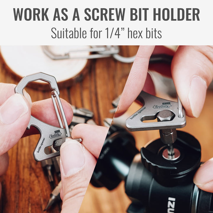 KM05 Small Titanium Carabiner Keychain Clip, 2 inch Beer Bottle Opener Key Holder Heavy Duty Multitool with Screw Bit Driver for Men &amp; Women