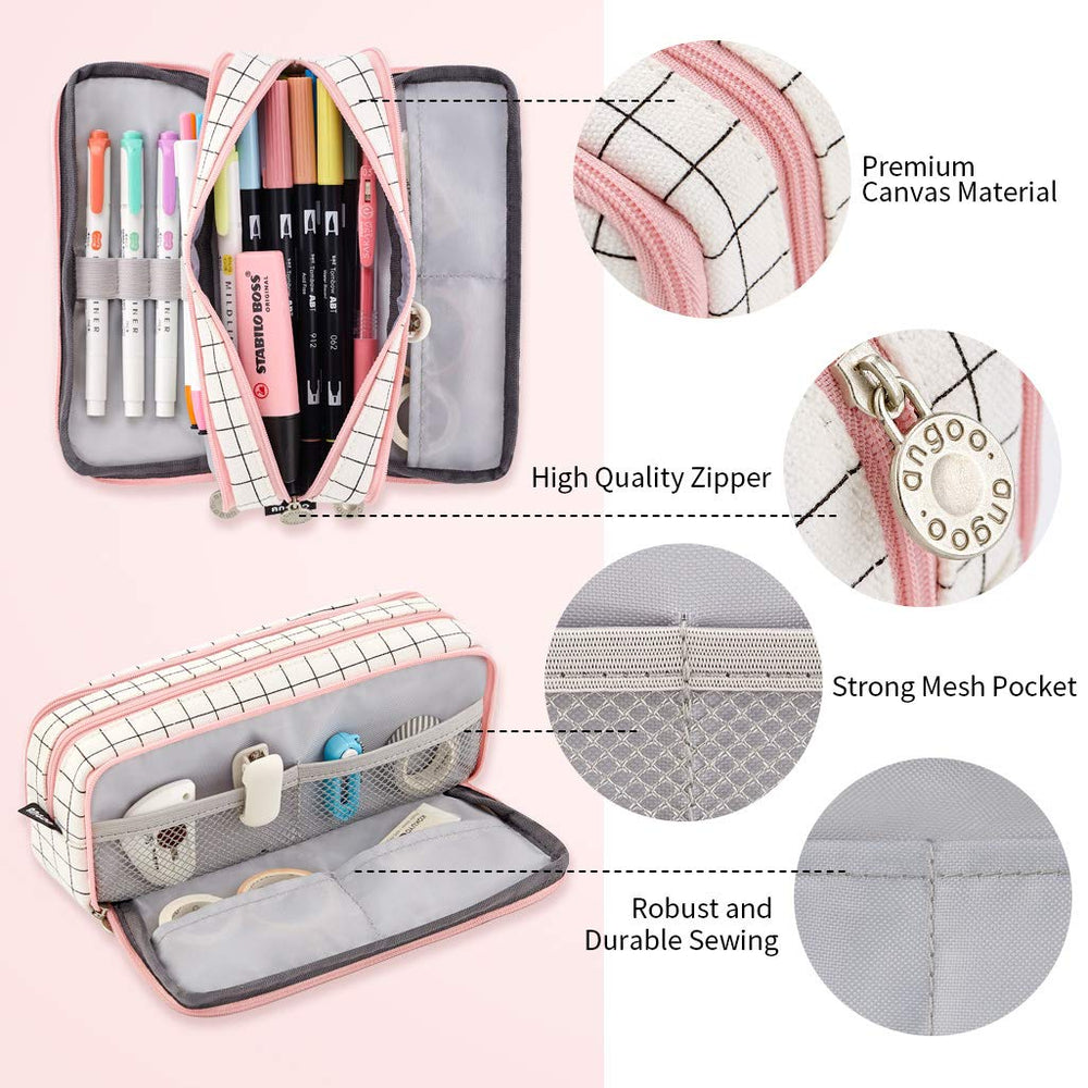 Large Pencil Case Big Capacity 3 Compartments Canvas Pencil Pouch for Teen Boys Girls School Students (Pink Strip Black Grid)