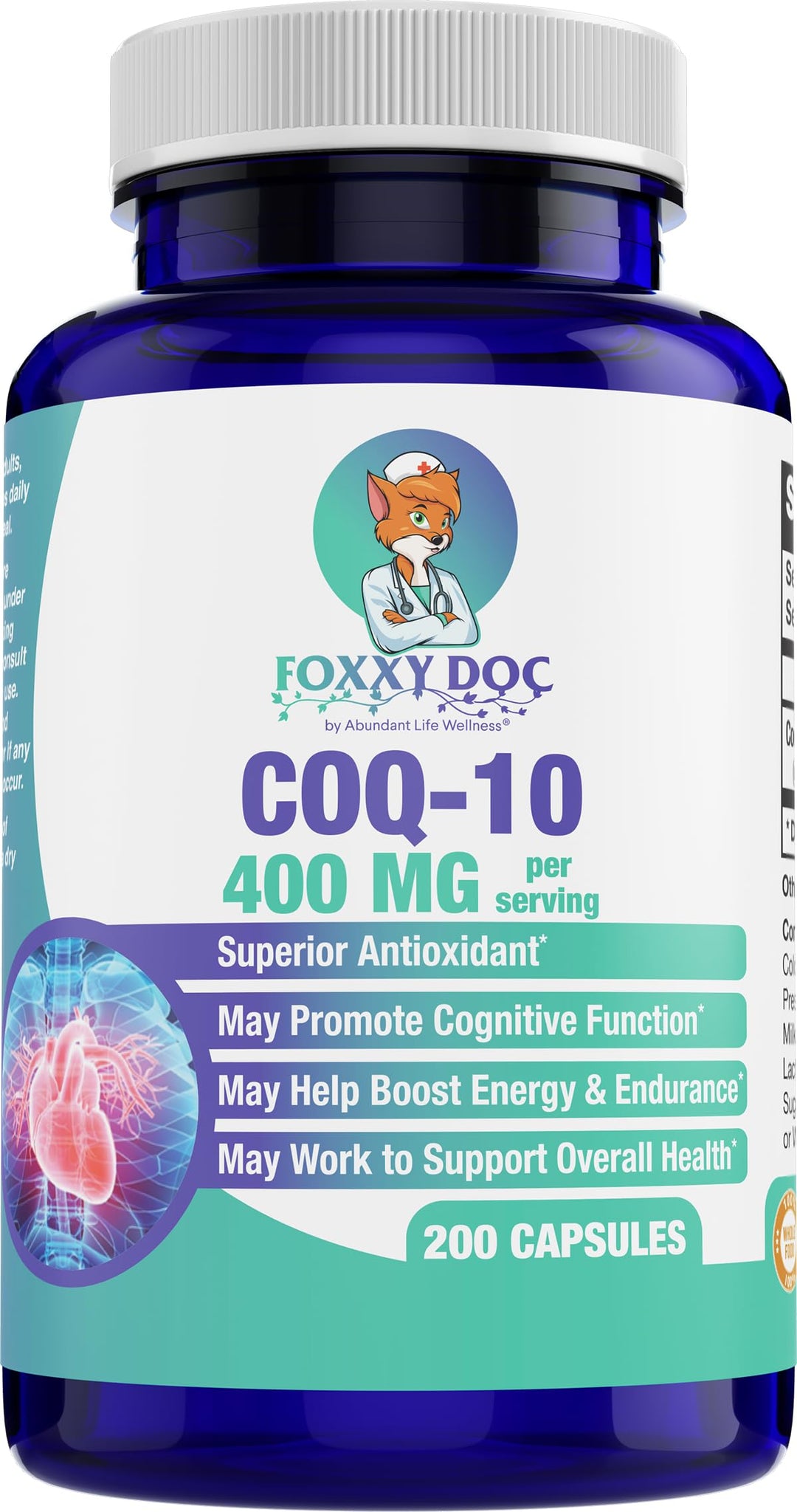 CoQ10 400 MG Per 2 Caps - Ubiquinone - Excellent Value - Heart, Brain &amp; Cellular Supplement - Energy Support - 200 Vegetable Caps in Bottle - by Foxxy Doc