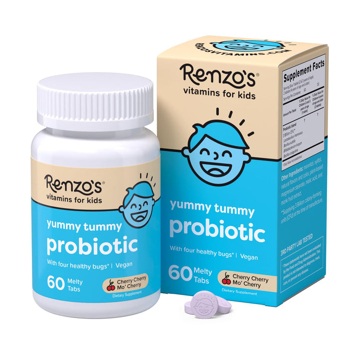 Renzo's Kids Probiotic, Dissolvable Probiotics for Digestive Health & Immune Support, 60 Cherry-Flavored Melty Tabs