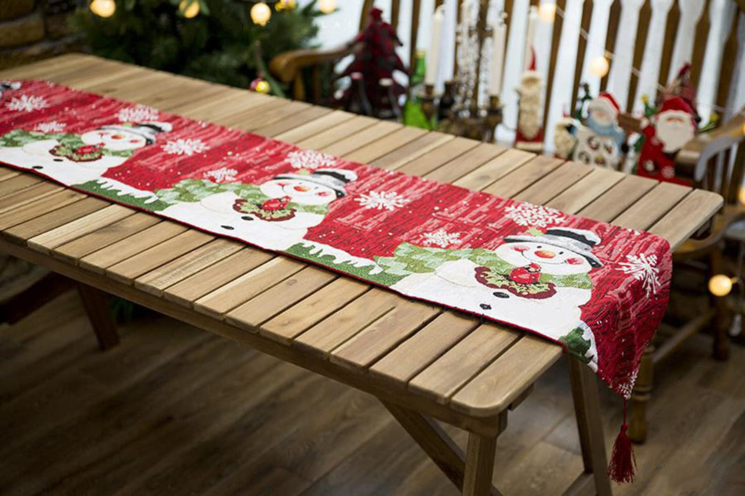 Christmas Table Runner, Embroidered Snowman Christmas Table Runner with Tassels for Home Dining Table Kitchen Christmas Holiday Decorations Indoor Outdoor or Gift, 13x72 inch