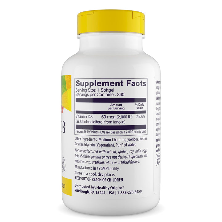 Healthy Origins Vitamin D3 (Lanolin) 2,000 IU Softgel - Bone Health and Immune Support Supplement - Easily Absorbable Vitamin D Supplements - Gluten-Free Vitamin D3 Supplement - 360 Softgels
