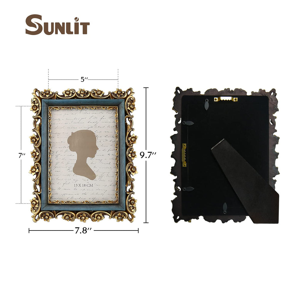 Vintage Picture Frame 5x7 Inch, Luxury Antique Photo Frames with Glass Front, Photo Display, Tabletop Wall Hanging, Gift Ideas, Gold and Blue