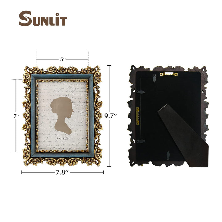 Vintage Picture Frame 5x7 Inch, Luxury Antique Photo Frames with Glass Front, Photo Display, Tabletop Wall Hanging, Gift Ideas, Gold and Blue