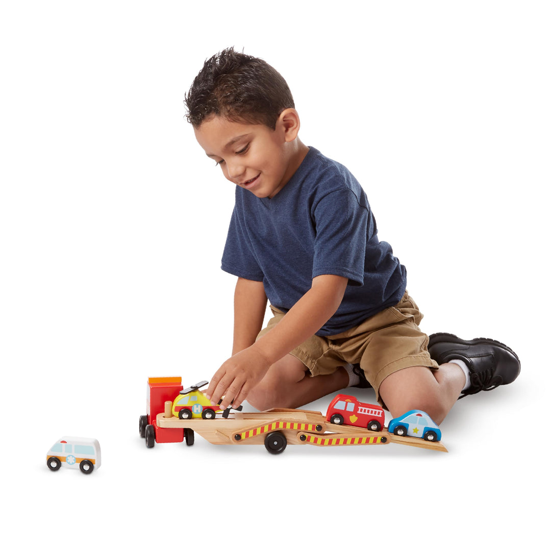 Melissa &amp; Doug Wooden Emergency Vehicle Carrier Truck With 1 Truck and 4 Rescue Vehicles