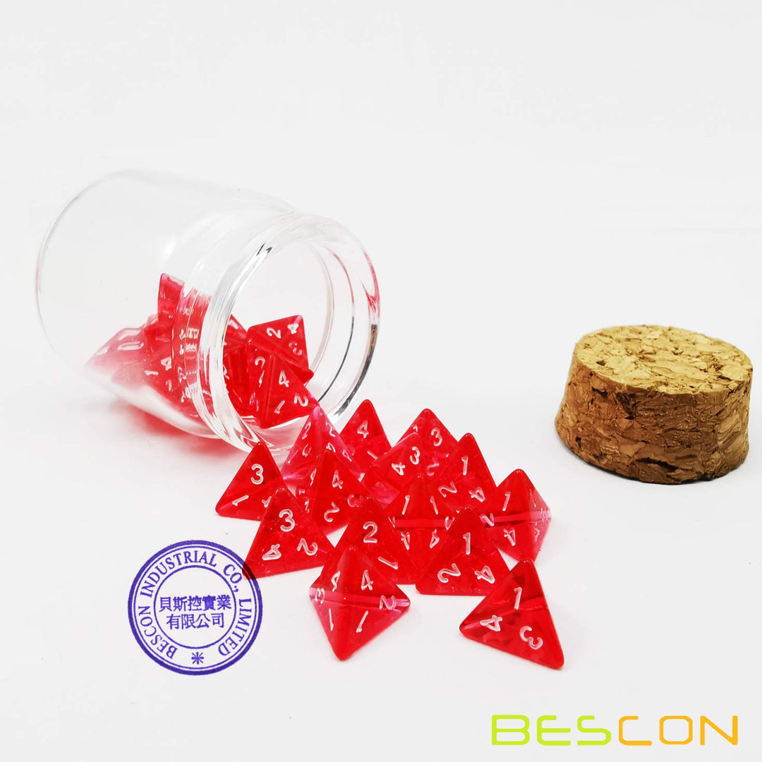 Bescon Mini Transparent Red D4 Dice 30pcs Healing Potion Bottle, 30pcs Roleplaying Mini Red Gem D4 Dice Healing Potion Pack in Glass Jar