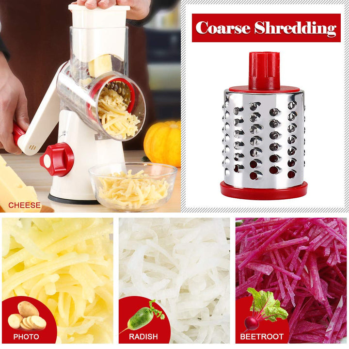 Rotary Cheese Grater Hand Crank, Kitchen Shredder Speed Mandolin Slicer Nuts Grinder with Handle and Drum Blades for Cheese, Vegetable, Chocolate, Potato, Carrot, 3 Blades, White Red