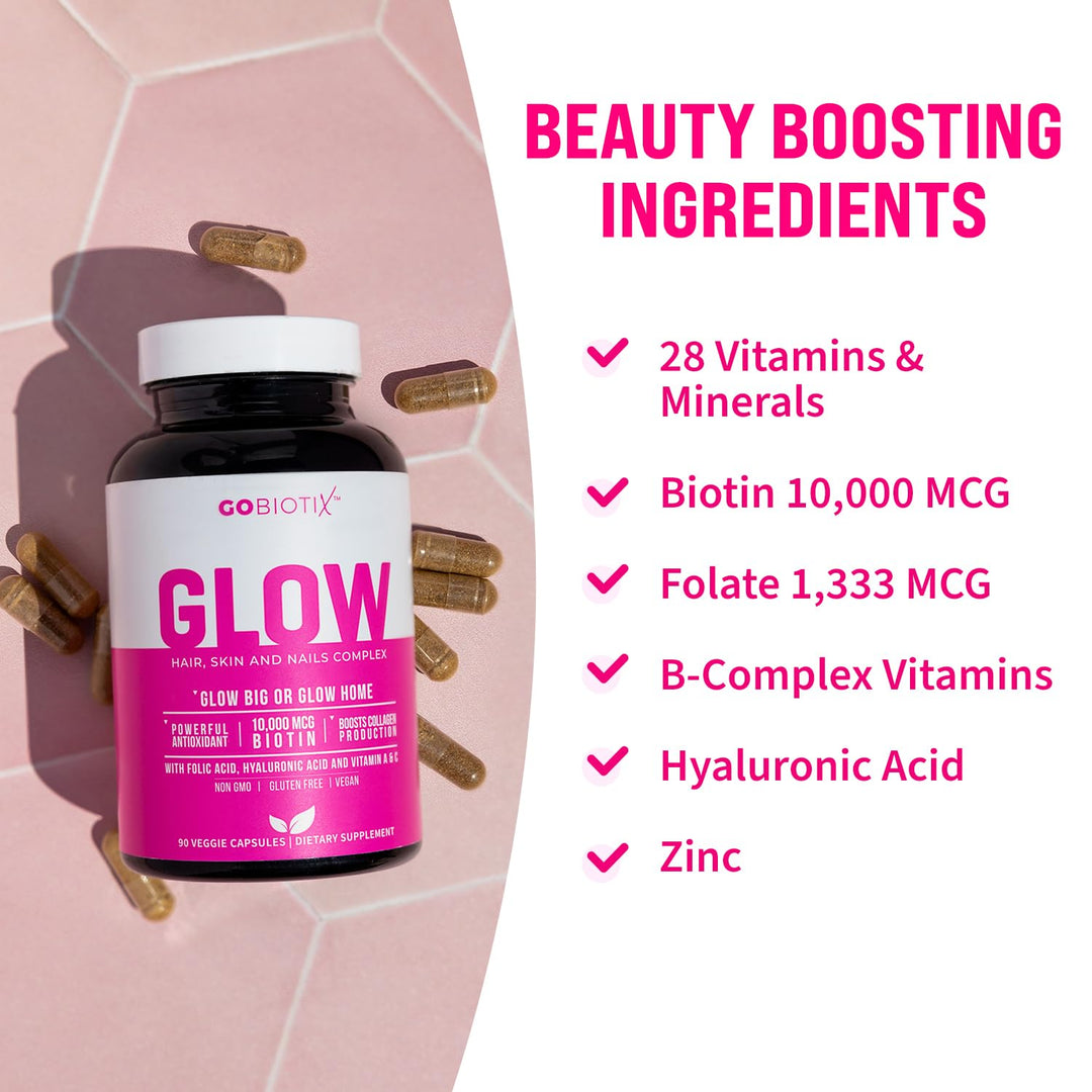 GoBiotix Hair Skin and Nails Vitamin Supplement - Biotin Pills with Hyaluronic Acid, Folate, Iron, Magnesium, and Zinc - Collagen Production, Hair Growth