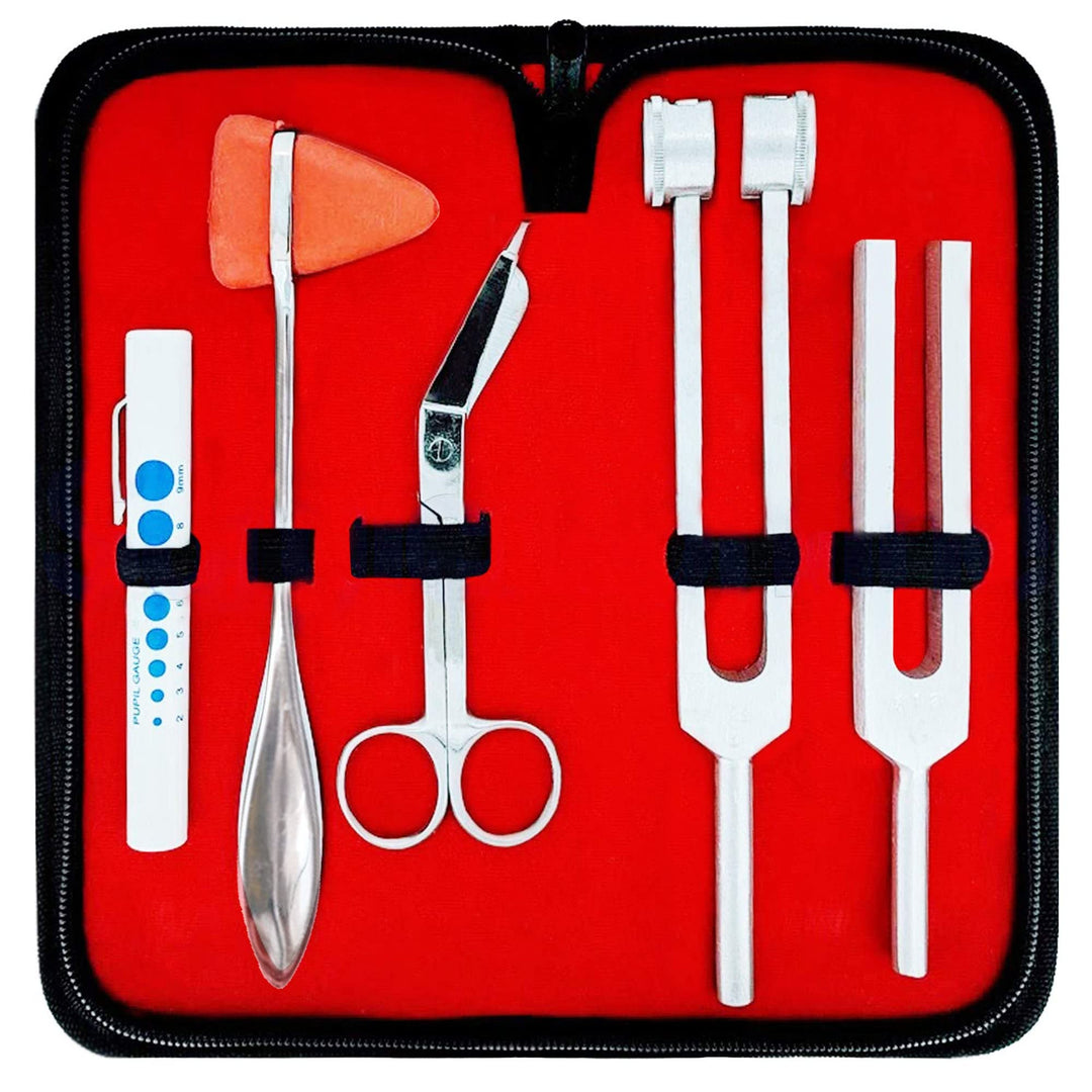Diagnostics Kit - Percussion Taylor Reflex Hammer + C 128 &amp; C 512 Tuning Forks + Bandage Scissors + Pupil Gauge Pen Light in Carrying Case - 6 Pieces Set - Silver