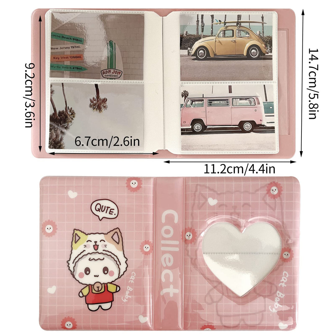 3 Inch Mini Photo Album, Kpop Photocard Holder for Fujifilm Instax Camera, Love Heart Hollow Photocard Id Holder, Business Card Book Holder 64 Pockets (Pink Cat) XW01