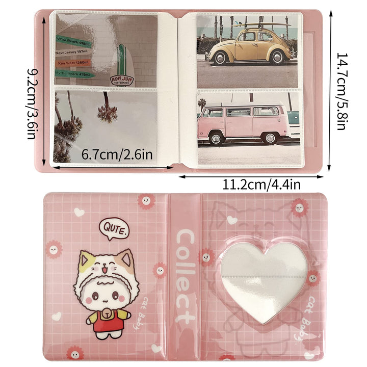3 Inch Mini Photo Album, Kpop Photocard Holder for Fujifilm Instax Camera, Love Heart Hollow Photocard Id Holder, Business Card Book Holder 64 Pockets (Pink Cat) XW01
