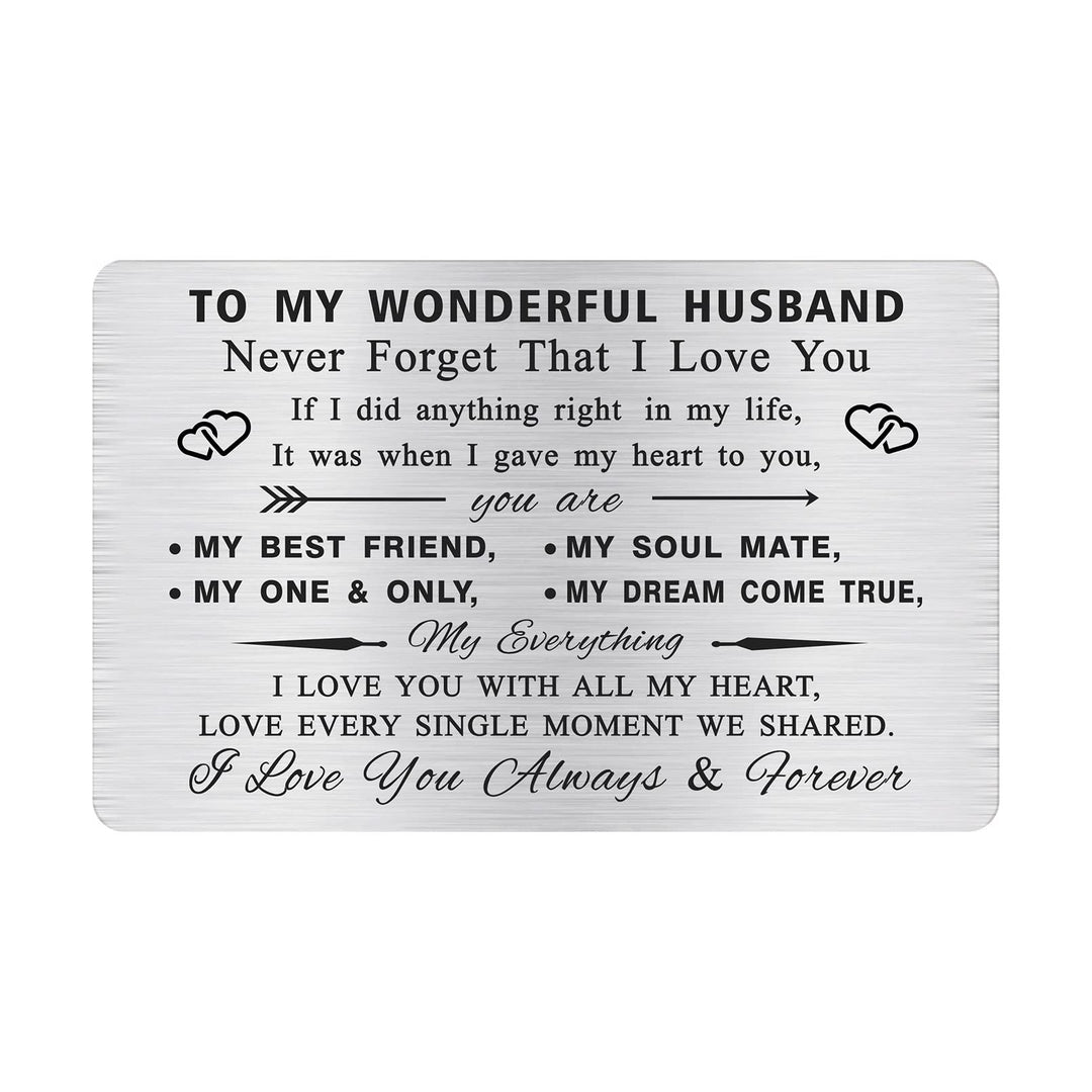 Romantic Men Birthday Cards for Him Husband, Metal Engraved Wallet Card