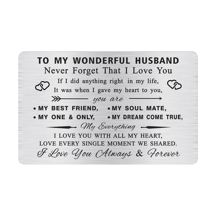 Romantic Men Birthday Cards for Him Husband, Metal Engraved Wallet Card