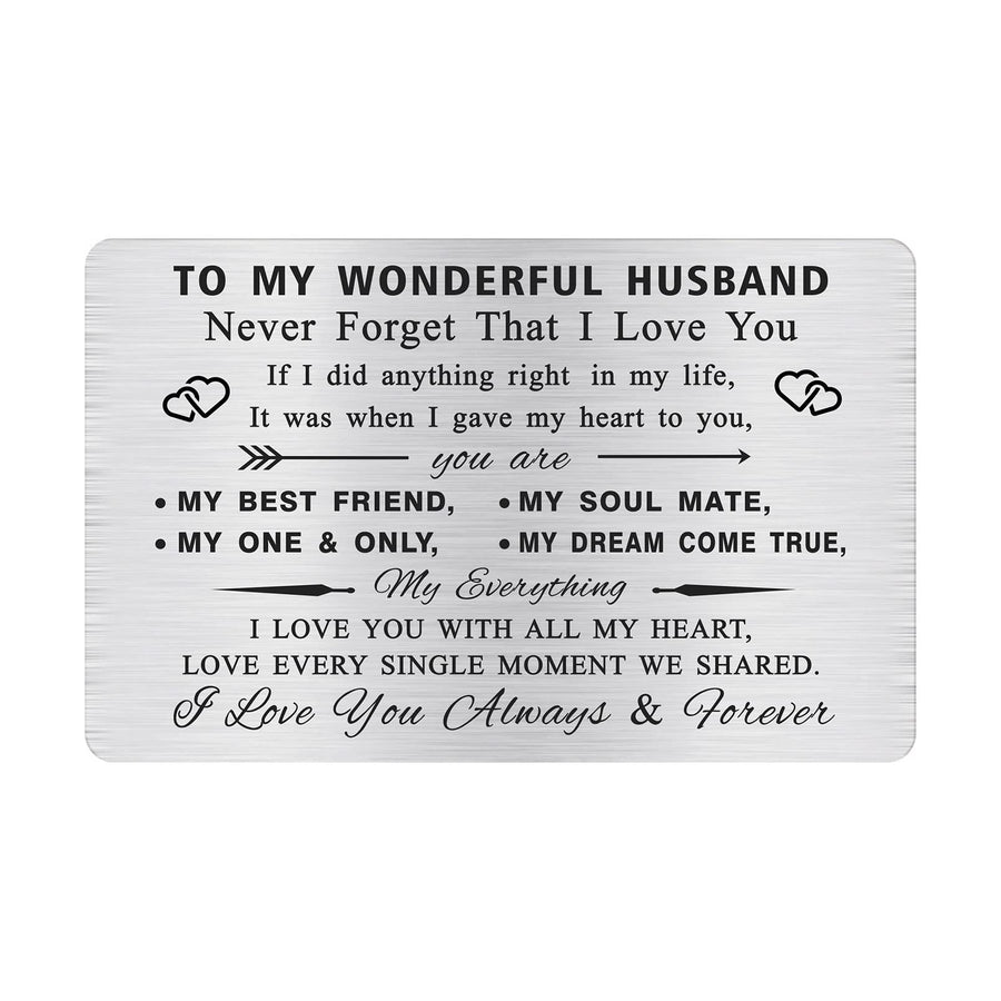 Romantic Men Birthday Cards for Him Husband, Metal Engraved Wallet Card