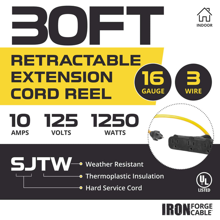 30Ft Retractable Extension Cord Reel with Breaker Switch &amp; 3 Electrical Power Outlets - 16/3 SJTW Durable Yellow Cable - Perfect for Hanging from Your Garage Ceiling