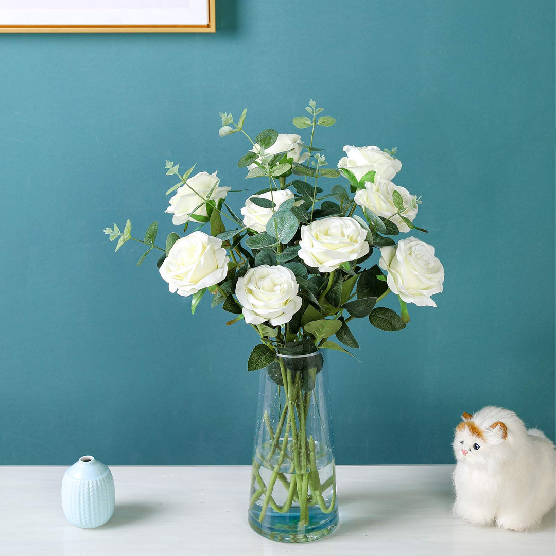 12PCS Artificial Silk Flowers Realistic Roses Bouquet Long Stem for Home Wedding Decoration Party (12PCS-Cream White 1)