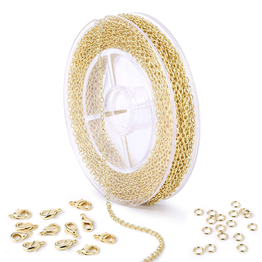 Gold Chain for Jewelry Making, 33 FT Dainty Cable Link Chain Spool for Necklaces Making Clasp Jump Ring Included