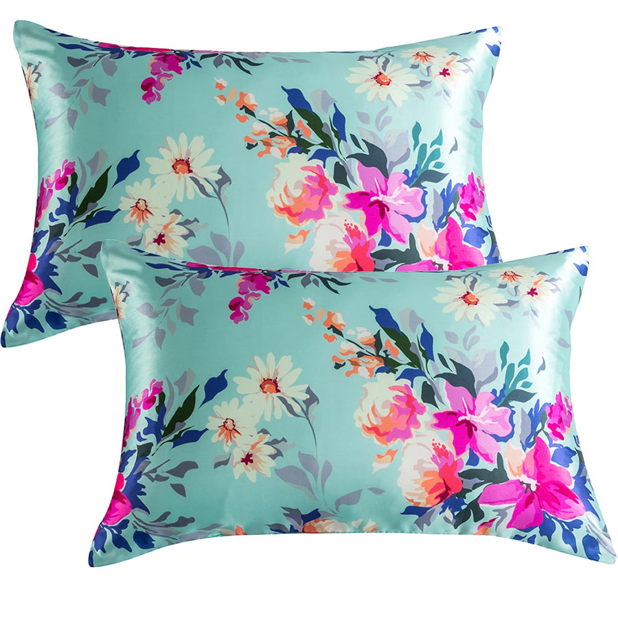 Queen Satin Silk Pillowcase Pack of 2,Floral Silky Pillowcases for Hair and Skin,Soft Green Flower Queen Pillow Cover with Zipper(Green,20X30)