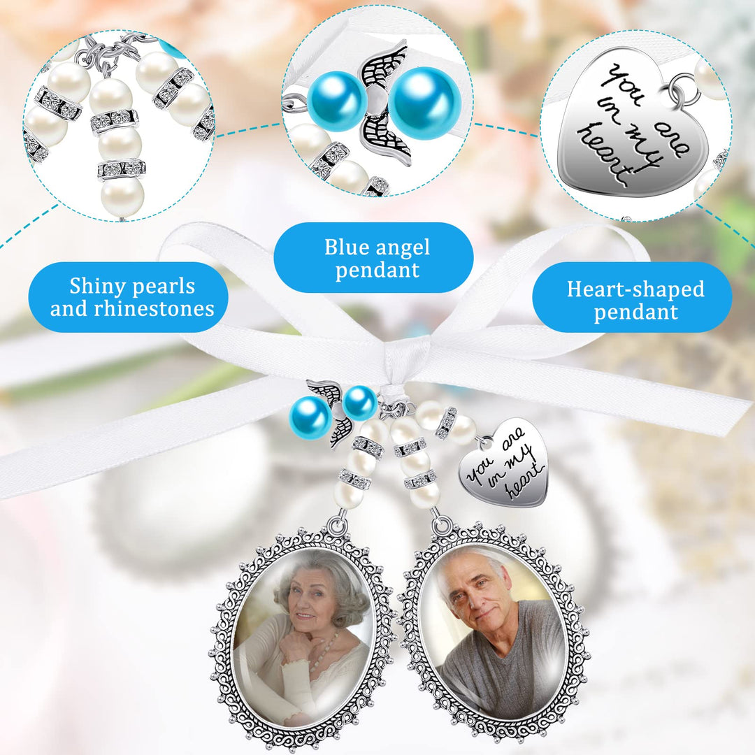 Wedding Bouquet Charm Bouquet Charms for Wedding Memory Bridal Lacy Oval Bridal Charm Bride Angel Charm Memorial Photo Charm You Are Always in My Heart Charm for Bridal Party (Double Pendant Style)