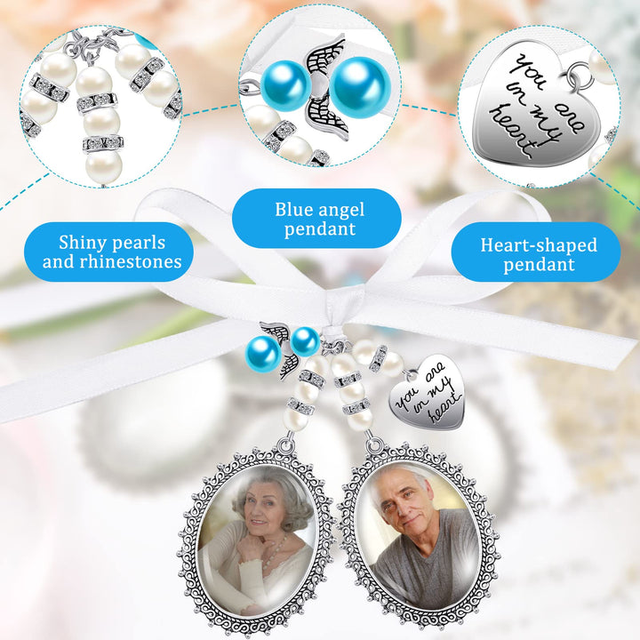 Wedding Bouquet Charm Bouquet Charms for Wedding Memory Bridal Lacy Oval Bridal Charm Bride Angel Charm Memorial Photo Charm You Are Always in My Heart Charm for Bridal Party (Double Pendant Style)